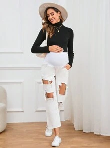 SHEIN Maternity Wideband Waist Cut Out Ripped Straight Leg Jeans - White - View 6