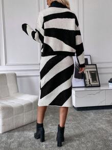 SHEIN Clasi 雙色高領落肩袖毛衣和針織裙 - 黑與白 - 查看 2