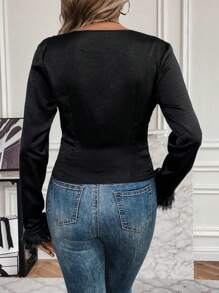 SHEIN LUNE 毛茸茸袖口V領襯衫 - 黑色 - 查看 2