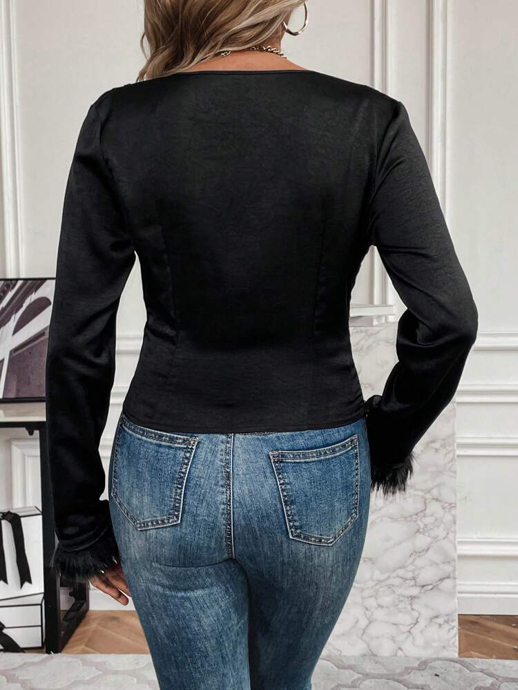 Fuzzy Cuff V Neck Blouse