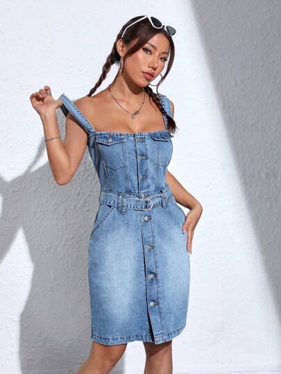 SHEIN EZwear Flap Detail Pocket Side Cami Denim Dress