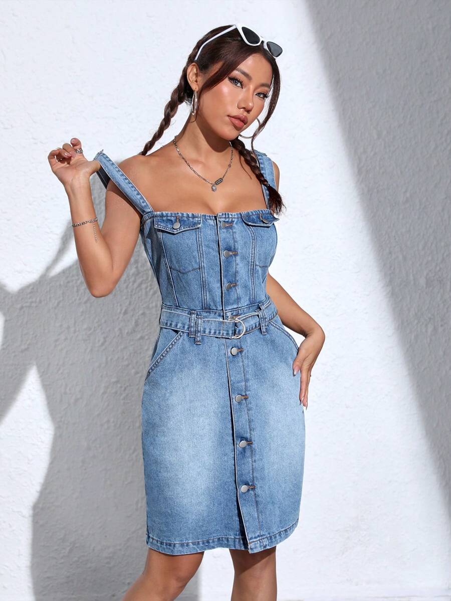 SHEIN EZwear Flap Detail Pocket Side Cami Denim Dress - Medium Wash - View 1