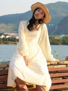 DAZY Vestido de manga farol con diseño de jacquard y unicolor, vestido casual para mujeres