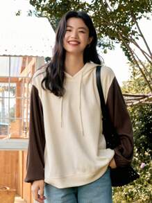 DAZY Áo hoodie dây rút hở vai phối màu, quần áo mùa thu - Nhiều màu - Xem 6