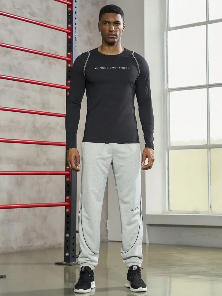 Men Slogan Graphic Top-Stitching Sports Tee Long Sleeve Shirt Compression Shirt Men