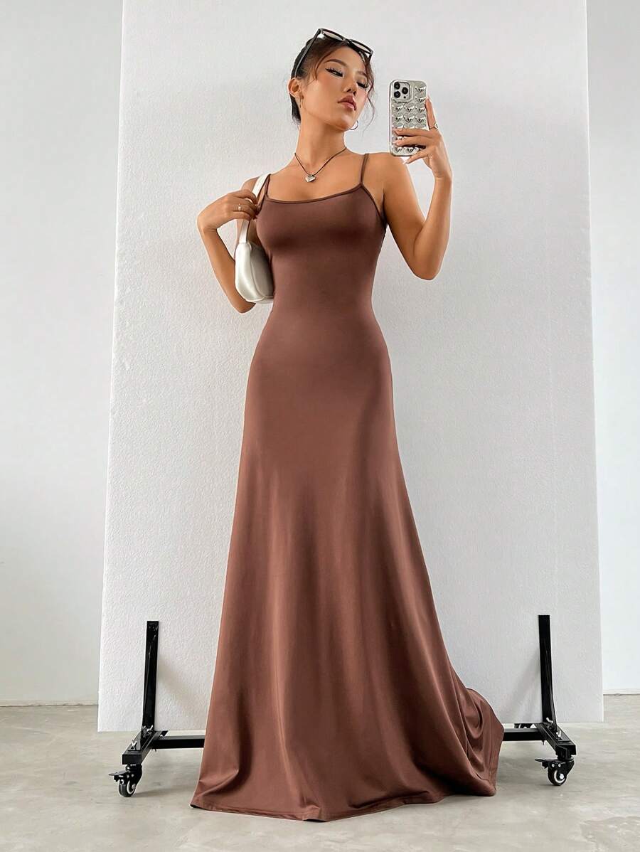 SHEIN EZwear Solid Cami Floor Length Dress - Brown - View 1