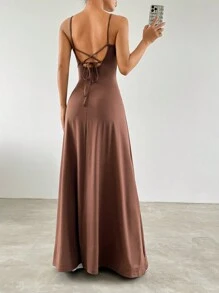 SHEIN EZwear Solid Cami Floor Length Dress - Brown - View 2