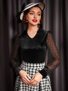 SHEIN DECDS Contrast Mesh Lantern Sleeve Velvet Blouse - Black - View 6