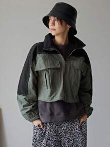 FRIFUL Two Tone Flap Pocket Drop Shoulder Zipper Jacket,Fall Clothes - Green - View 8