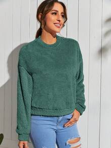 SHEIN LUNE Solid Drop Shoulder Teddy Sweatshirt - Dark Green - View 5