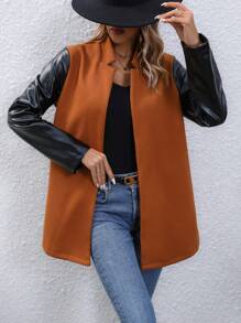 SHEIN LUNE 拼接PU皮革開門襟外套 - 棕色 - 查看 6