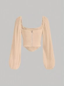 SHEIN MOD Square Neck Lantern Sleeve Crop Top - Khaki - View 2