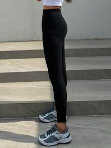 DAZY 纯色高腰打底裤 秋季紧身裤 - 黑色 - 查看 4