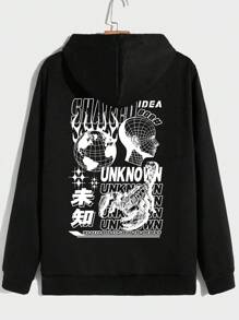 男士秋冬字母和图案印花长袖连帽衫，带口袋、拉链门襟、抽绳