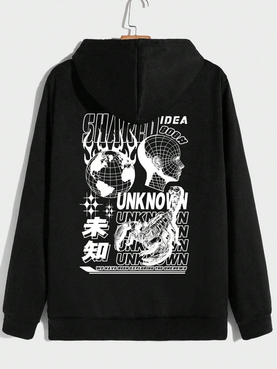 男士秋冬字母和图案印花长袖连帽衫，带口袋、拉链门襟、抽绳