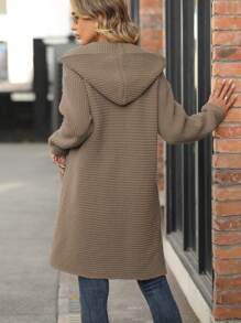SHEIN Essnce 雙口袋連帽開襟開衫 - 卡其色 - 查看 2