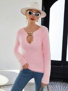 SHEIN Privé 鏈條細節前鏤空絨毛針織套頭毛衣 - 粉色 - 查看 1