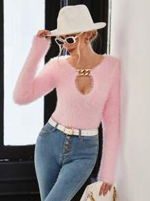 SHEIN Privé 鏈條細節前鏤空絨毛針織套頭毛衣 - 粉色 - 查看 4