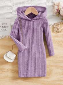 SHEIN Leap Crew Tween女孩針織純色連帽長袖連衣裙