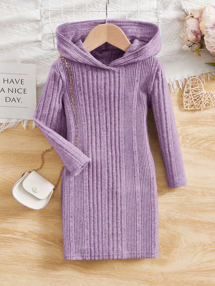SHEIN Leap Crew Vestido con capucha de manga larga en unicolor tejido para niñas preadolescentes - Púrpura malva - Ver 1