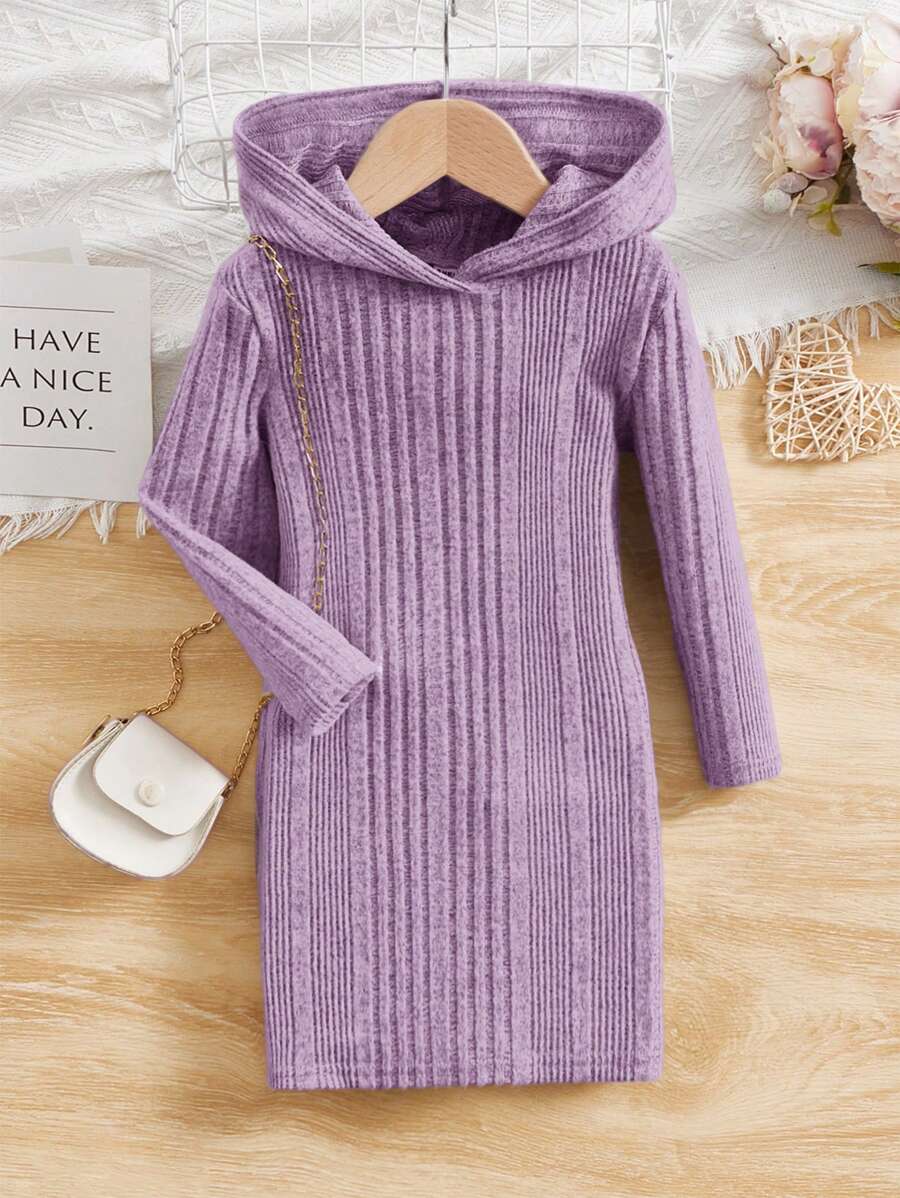 SHEIN Leap Crew Tween女孩針織純色連帽長袖連衣裙