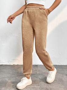 SHEIN PETITE Chất rắn Xiên Eo đàn hồi Túi Quần thể thao - Cà phê nâu - Xem 1