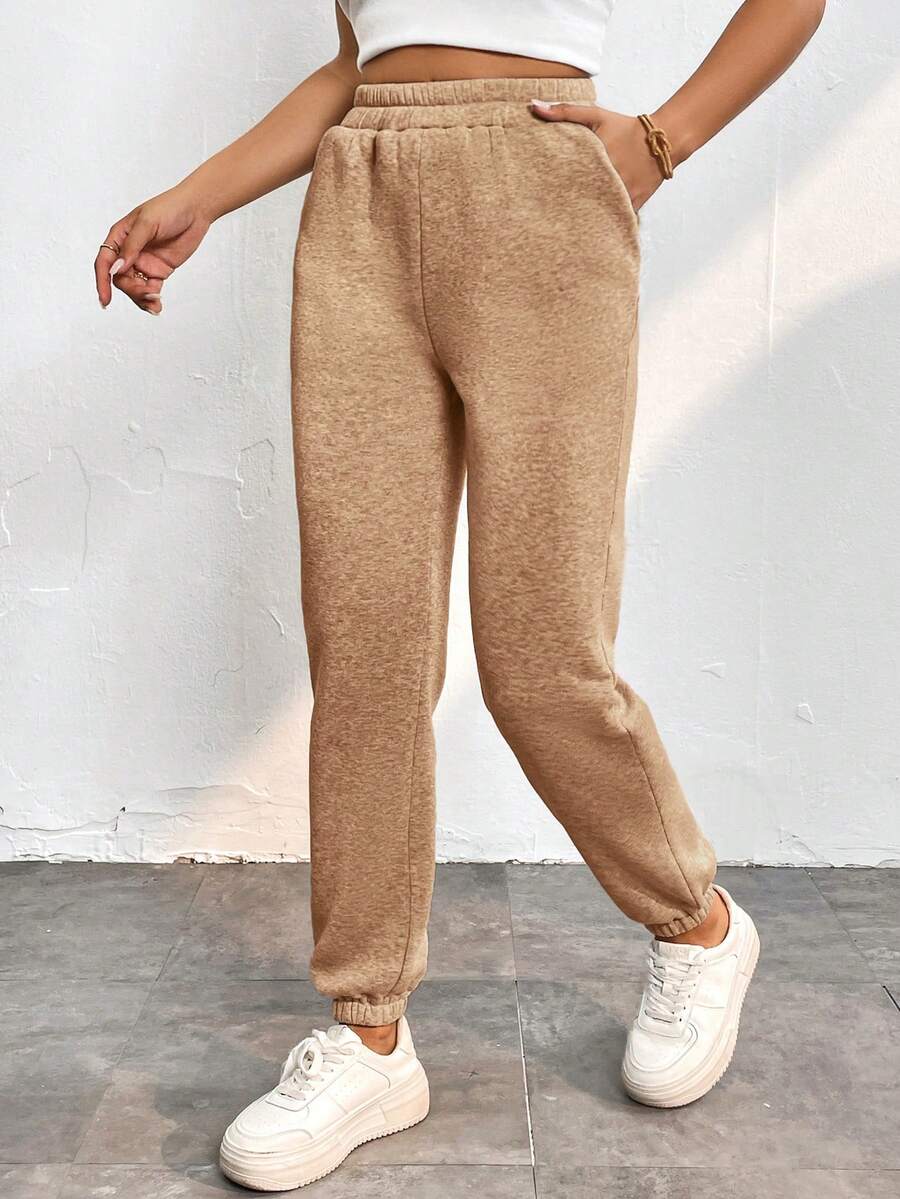 SHEIN PETITE Chất rắn Xiên Eo đàn hồi Túi Quần thể thao - Cà phê nâu - Xem 1