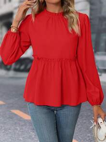 Chiquease 褶邊燈籠袖荷葉邊下擺襯衫 - 紅色 - 查看 4