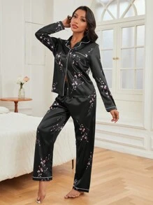 花卉印花撞色滚边缎面睡衣套装/睡衣套装 - 黑色 - 查看 2