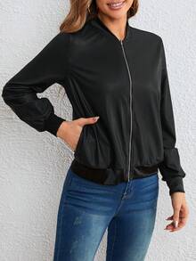 SHEIN Essnce 拉鏈開襟飛行員夾克 - 黑色 - 查看 4