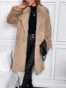 SHEIN Clasi Lapel Neck Open Front Fuzzy Coat - Khaki - View 6