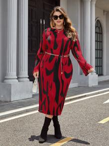 SHEIN Privé Plus Rochie cu imprimeu peste tot Fara Curea - roșu - Vizualizare 4