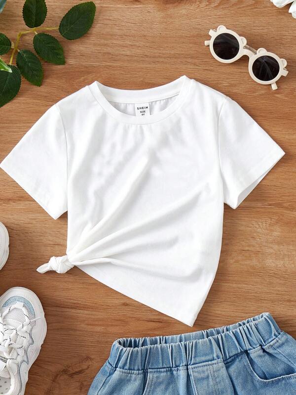 SHEIN ModeFlare Wear 年轻女孩休闲针织纯色圆领短袖 T 恤，适合夏季