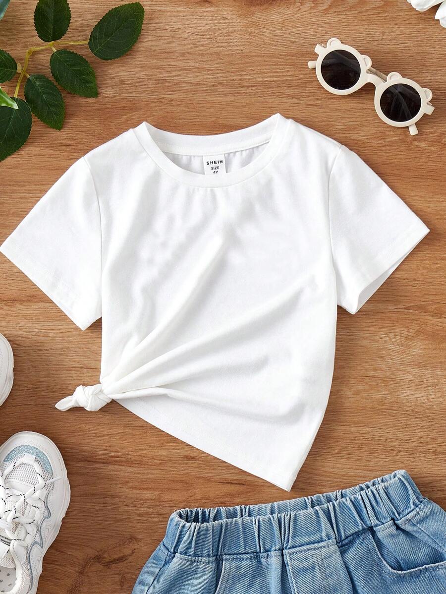 SHEIN ModeFlare Wear 年轻女孩休闲针织纯色圆领短袖 T 恤,适合夏季 - 白色 - 查看 1