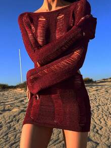 素色開口針法緊身毛衣洋裝不附帶內衣褲套裝 - 酒紅色 - 查看 5