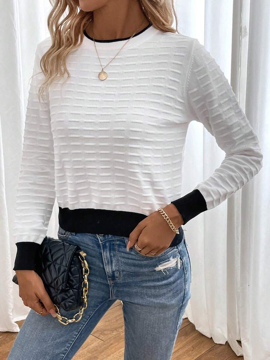 SHEIN Unity Áo len chui đầu cổ tròn phối viền tương phản, thích hợp cho mùa thu đông. - Đen và trắng - Xem 1