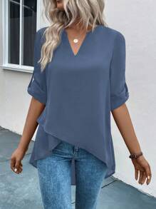 EMERY ROSE 捲邊袖高低下擺襯衫 - 深色水洗藍 - 查看 7