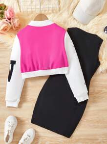 SHEIN Tween Girl Letter Graphic Colorblock Baseball Collar Jacket & Tank Dress - Hot Pink - View 2