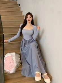 DAZY Chất rắn Viền không đối xứng Váy Dây Với Bolero Shrug Top - Màu xanh bụi bặm - Xem 5