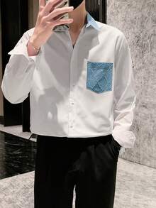 Manfinity Hypemode 男士對比色拼接口袋鈕領長袖襯衫 - 白色 - 查看 7