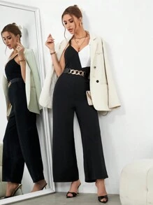 SHEIN Privé 女款拼色細肩帶連身褲 - 黑色 - 查看 3