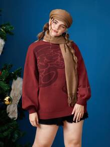 SHEIN X The Smurfs Plus Cartoon Pattern Drop Shoulder Sweater - Red - View 3