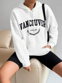 SHEIN Unity 女式休闲印花抽绳连帽长款运动衫 - 白色 - 查看 6