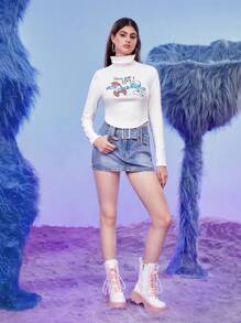 SHEIN X The Smurfs Cartoon Graphic High Neck Tee - White - View 5