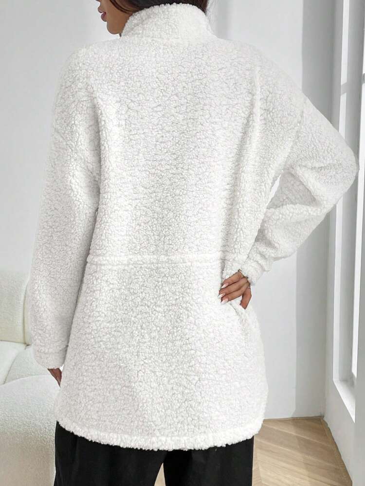 Drop Shoulder Drawstring Waist Teddy Coat