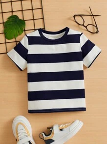 SHEIN Toddler Boys Striped Print Tee - Blue and White - View 1