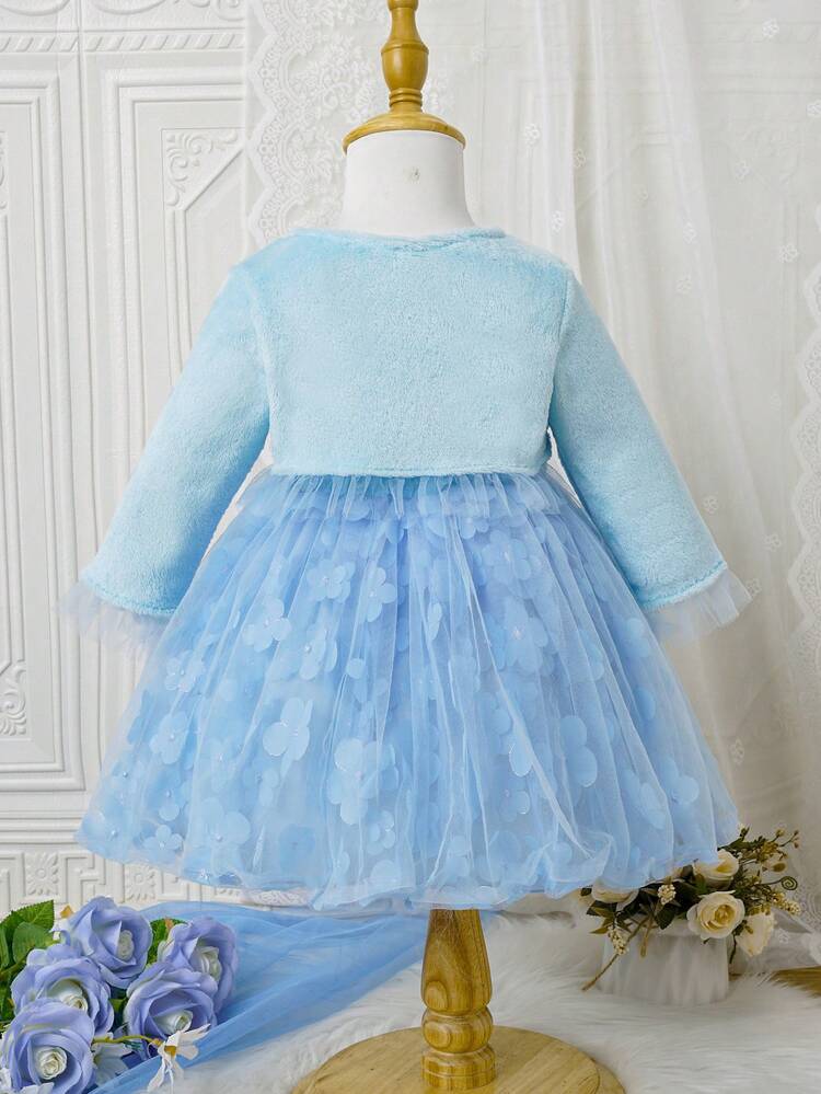 Baby Girl Figure Graphic Contrast Mesh Dress & Jacket