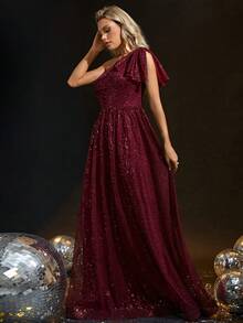 One Shoulder Knot Side Sequin Formal Dress - Burgundy - View 5