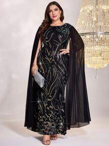 大碼斗篷袖亮片正式洋裝 - 黑色 - 查看 1