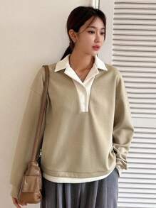 DAZY Women's Contrast Color Fleece Polo Collar Drop Shoulder Long Sleeve Casual Sweatshirt, Autumn - Khaki - View 5
